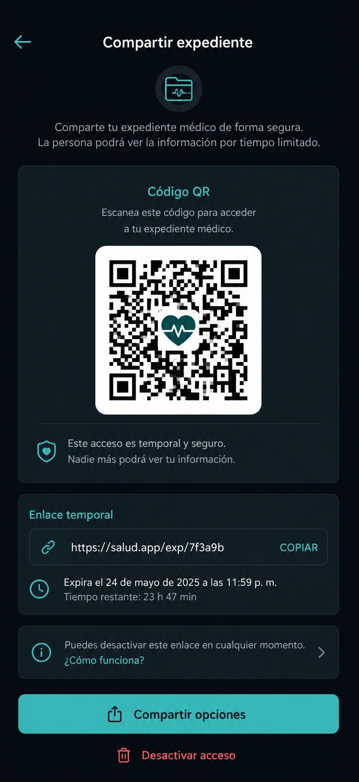 Pantalla para compartir el expediente con un enlace temporal y código QR