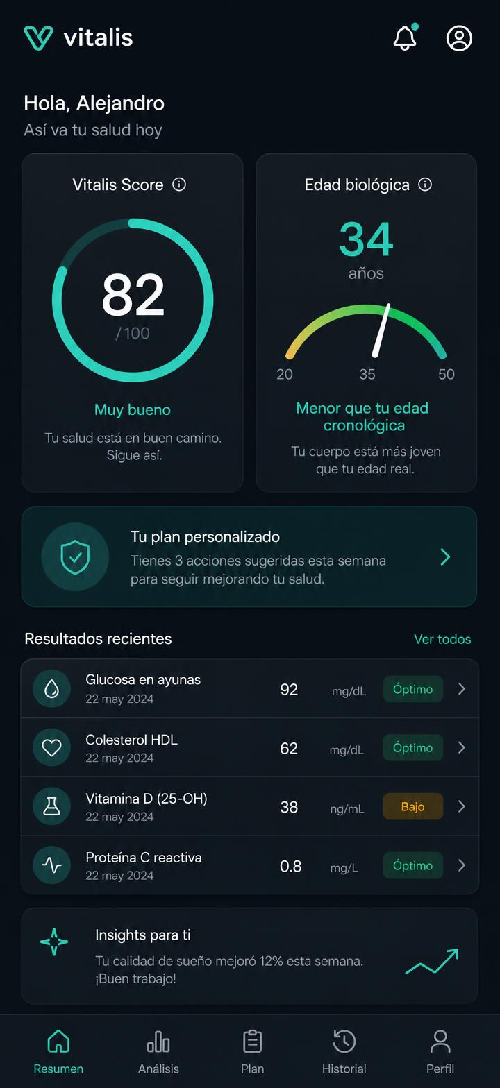 Resumen de salud con Vitalis Score y edad biológica